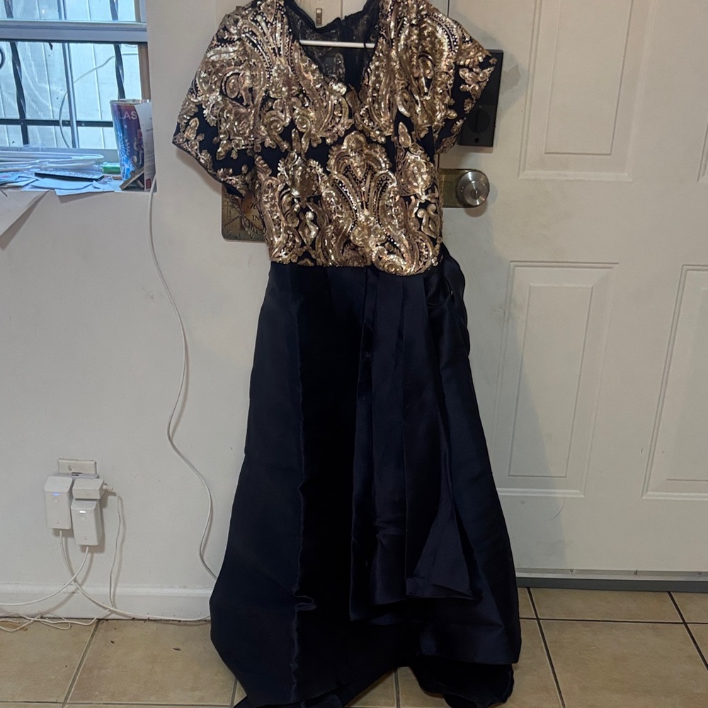 R & M Richards Navy and Gold Sequin Dress